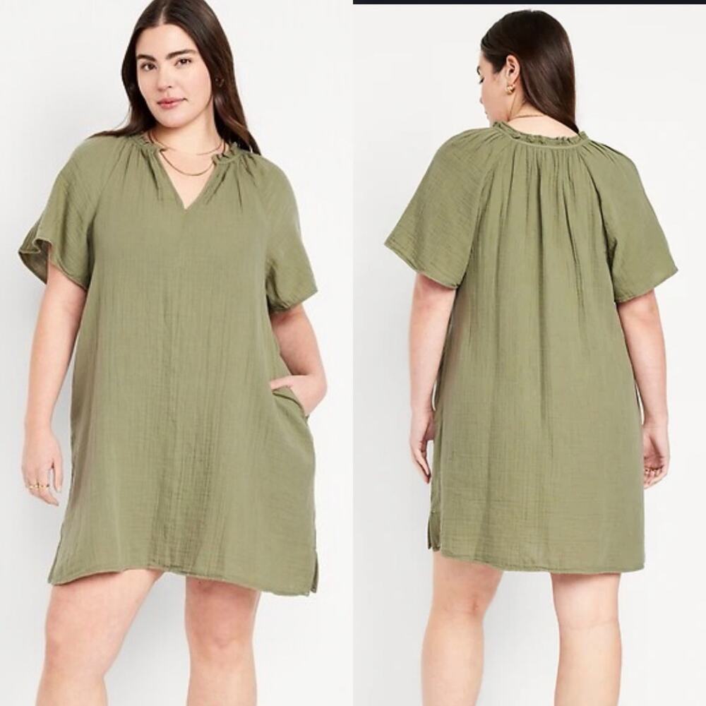 Old Navy Olive Green Crinkle Gauze Mini Swing Dress